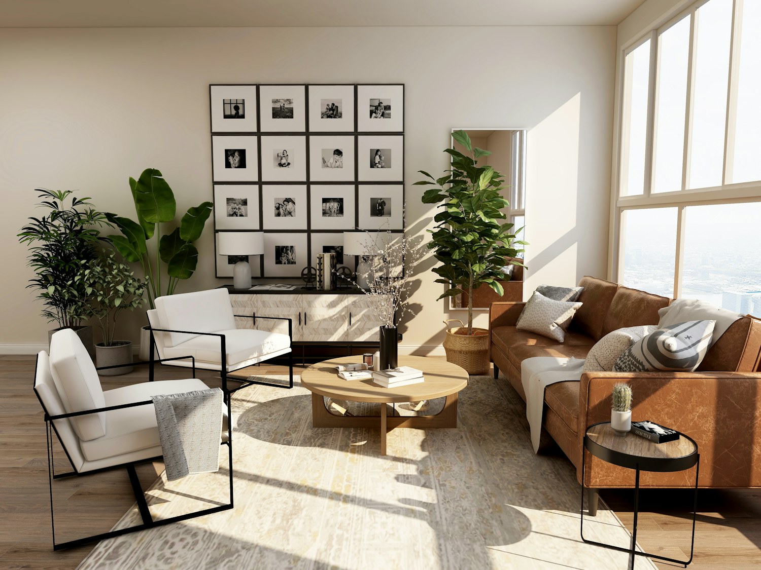 Sunlit residential living room with a sofa and lounge chairs